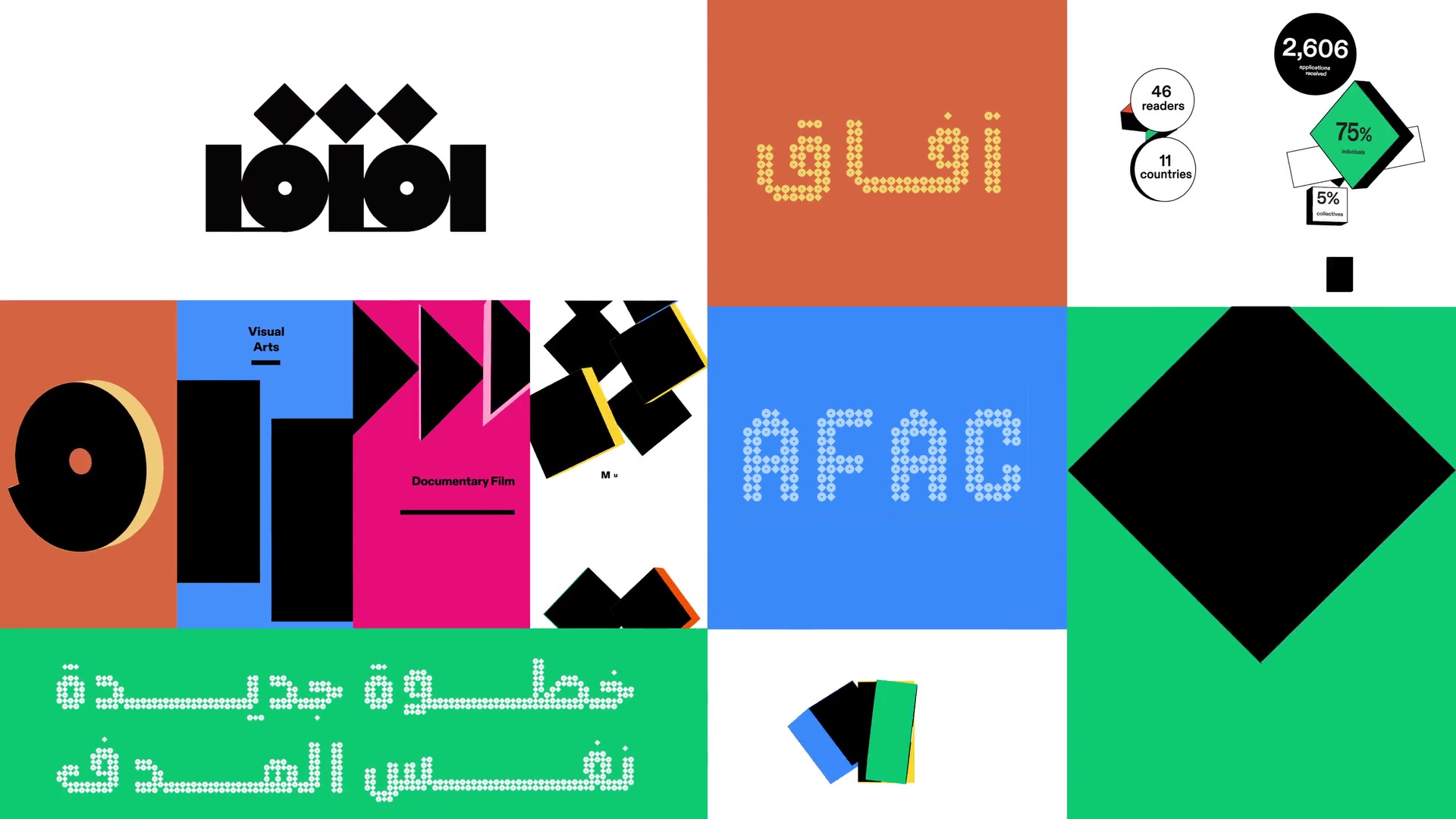 AFAC motion identity: geometric black forms and vivid colored compositions